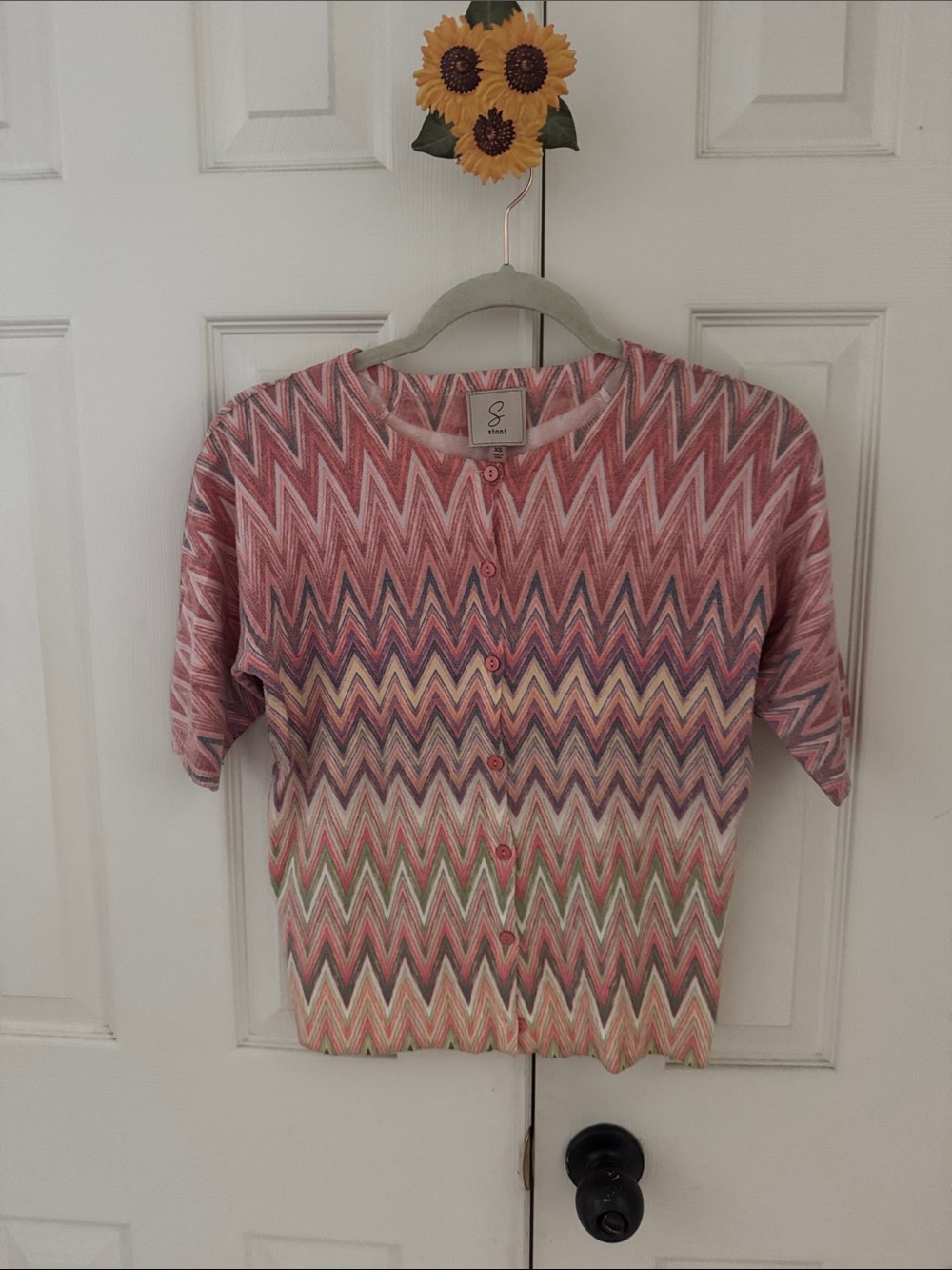 Sioni Pink Chevron Knit Cardigan with Multicolor Accents